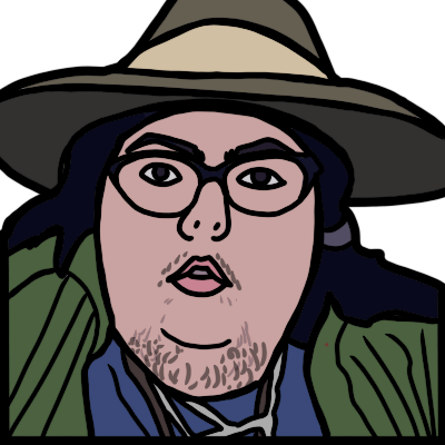 A bust-length portrait of disabled advocate and writer Mel Baggs, drawn with thick black outlines. Sie has pale skin and dark hair, hir mouth slightly open. Sie is wearing a brown hat, a blue shirt, a green jacket, and necklaces.